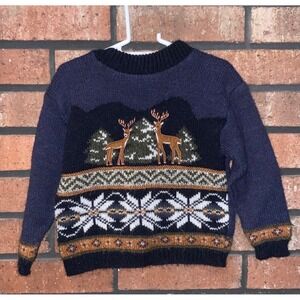 Vintage Baby Togs Deer Nature Fair Isle‎ Knit Sweater Navy Blue Size 2T